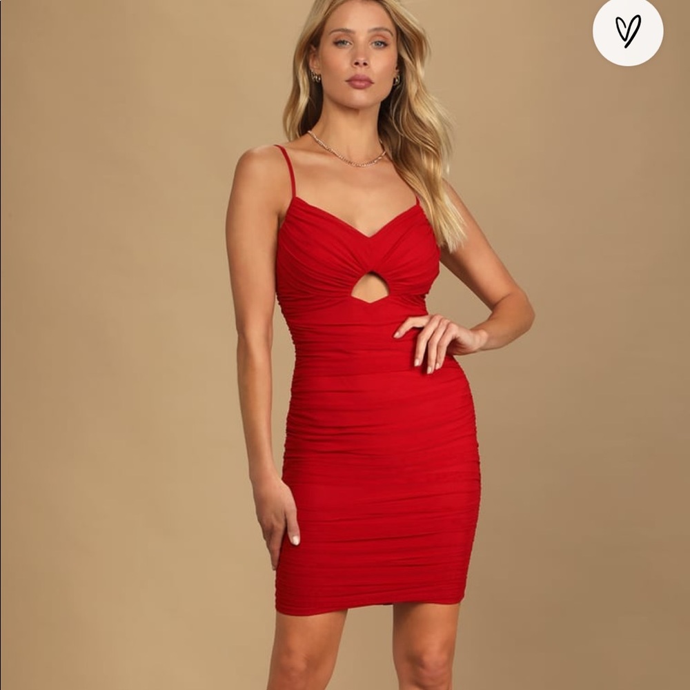 Made the move red ruched bodycon mini dress